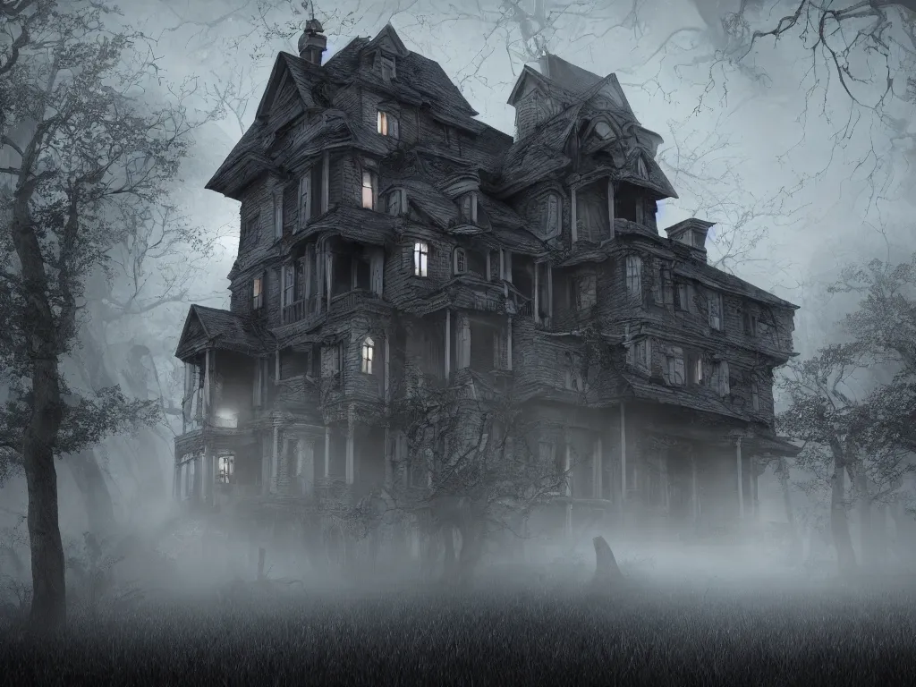 Image similar to house on the haunted hill, horror, creepy, surreal, dreamscape, high quality, ultradetailed, sharp, artstation, 8 k, volumetric fog