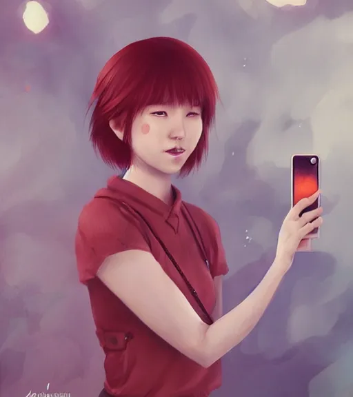 Prompt: mahiru koizumi, a redheaded japanese photographer with a bowl cut and a freckled face, takes a picture of you, adorable, beautiful art by stanley lau, artgerm, rossdraws, ross tran, sakimichan, cyarine, beautiful art