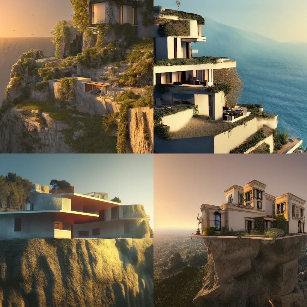 Prompt: modern mansion in italy sitting on a cliff during golden hour, architecture, concept art, matte painting, artstation