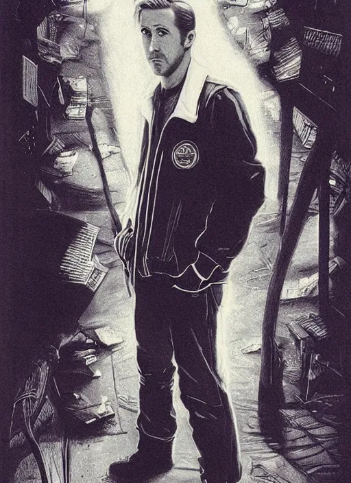 Image similar to ryan gosling in letterman jacket small town crime scene being hunted by the killer, twin peaks poster art, by michael whelan, rossetti bouguereau, artgerm, retro, nostalgic, old fashioned, 1 9 8 0 s teen horror novel cover, book,