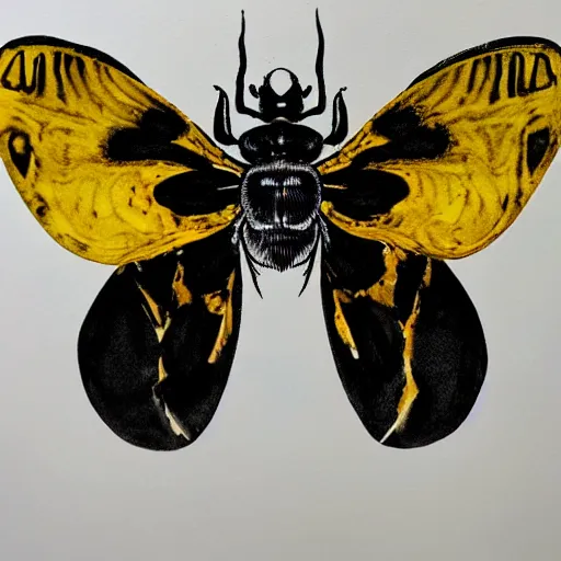 Prompt: alcohol ink, ink blott, rorschach test depicting deaths head moth in yellow and black, detailed, symmetrical