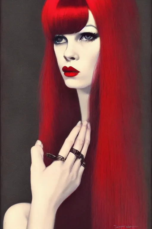 Image similar to portrait 1 9 6 0 s beautiful mod girl, long straight 6 0 s hair with bangs, wearing velvet, vampire, glam, groovy, by brom, tom bagshaw