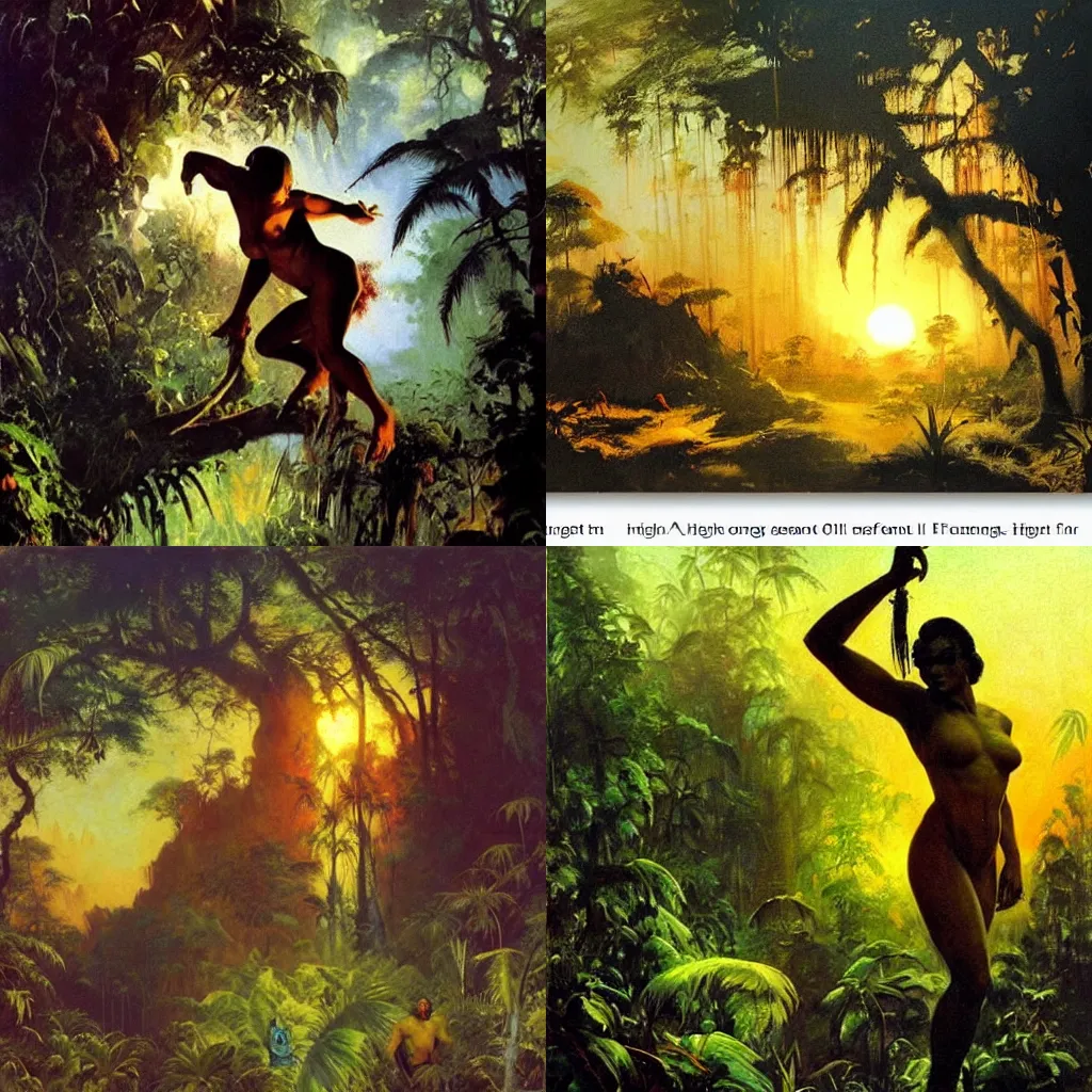 Prompt: lost in mystic jungle with sunset and backlight , high texture oil painting by frank frazetta