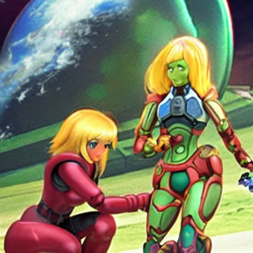 Prompt: Samus Aran taking her pet metroid out for a walk