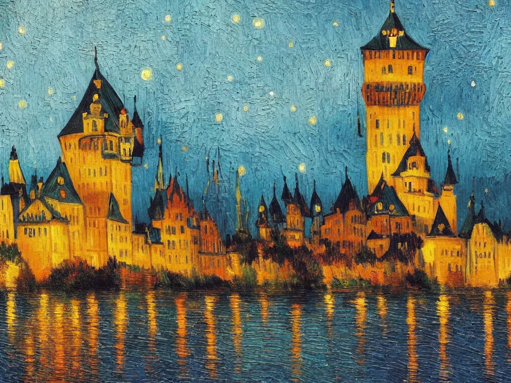 Image similar to trending on artstation, a beautiful German castle next to a river during sunset, oil on canvas, in the style of Vincent van Gogh