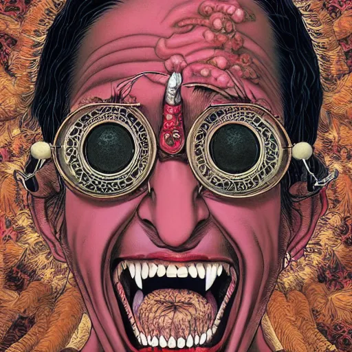 Prompt: portrait of crazy indian turbaned man screaming with round digital sunglasses as vampire, symmetrical, by yoichi hatakenaka, masamune shirow, josan gonzales and dan mumford, ayami kojima, takato yamamoto, barclay shaw, karol bak, yukito kishiro