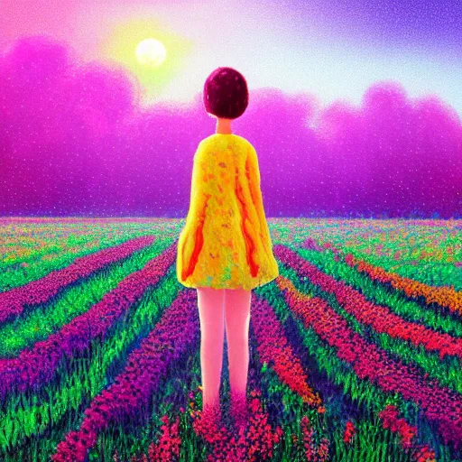 Image similar to girl made from surreal flowers, standing in flower field, surreal photography, big trees, sunrise dramatic light, impressionist painting, colorful clouds, digital painting, pointillism, artstation, simon stalenhag