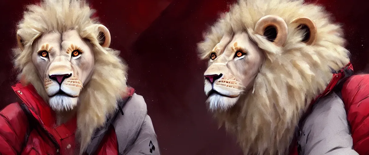 Image similar to commission portrait of a male anthro albino lion wearing a red-black puffer jacket.dramatic,character design by charles bowater,greg rutkowski,ross tran,hyperdetailed,hyperrealistic,4k,deviantart,artstation,professional photography,concept art