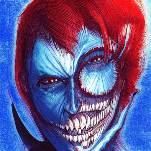 Prompt: a dark crimson cobalt blue humanoid, hyper detailed, in the style of wlop and junji ito and and h. r. giger and junji ito and greg rutkowski and wlop, selfie