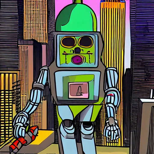 Image similar to An antropomorphic robot with a gun climbs to the empire state building, cartoon, 2D