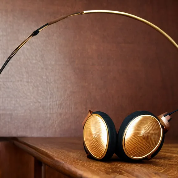 Prompt: beautiful well designed symmetric meze classics headphones, gold metal, wood cups, leather padding, next to an amplifier on mahogany desk, modernist headphones, wood headphones hyperrealistic, audiophile, intricate high detail, extreme quality, photographic, meze audio, sennheiser