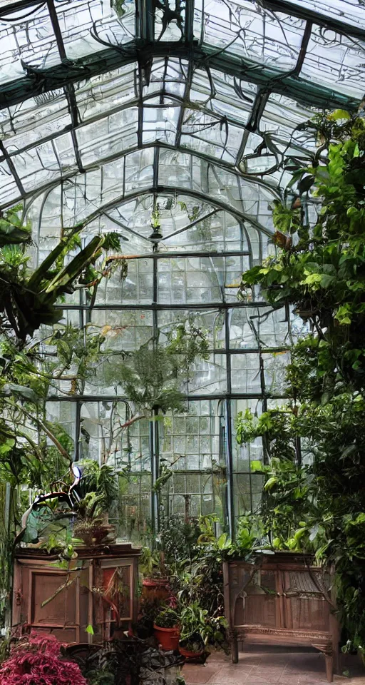 Image similar to a beautifu lush Victorian era conservatory with a t-rex skeleton on display