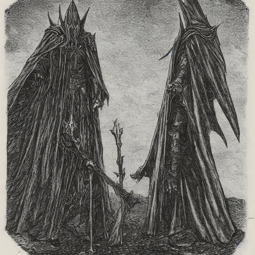 Prompt: an etching of sauron standing, surrounded by kneeling nazgul