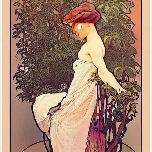 Prompt: “ a girl looking down at a bonsai, very detailed, by alphonse mucha ”