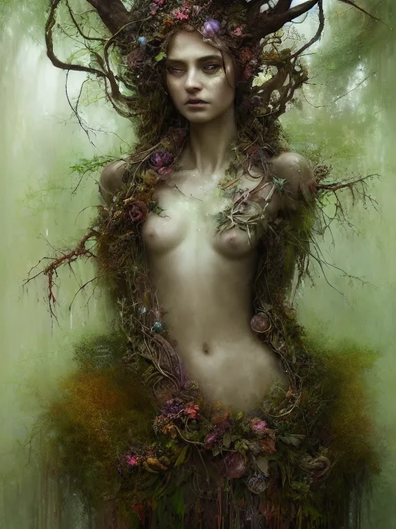 Prompt: Full View Portrait Mystical ethereal Forest deity wearing beautiful dress, vines tree bark moss Dryad made of forest beautiful dress, 4k digital masterpiece by Craig Mullins and Ruan Jia and Tom bagshaw, Alberto Seveso, fantasycore, Hyperdetailed, realistic oil on linen, soft lighting, kush background, featured on Artstation, textured, stylized, intricate details