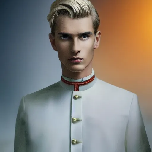 Image similar to portrait of a regal prince with sharp cheekbones, white clothes, high collar, close up, wistful melancholic hopeful expression, super details, surrounded by furious people, modern digital art, matte painting, science fiction