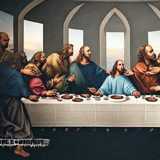 Prompt: vin diesel granny shifting in the last supper in the middle of a girth quake