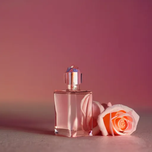 Image similar to perfume bottle surrounded by artistic, peach pink roses, peach background, softly - lit, warmly - lit, soft femme, romantic simple path traced, environment, up close shot