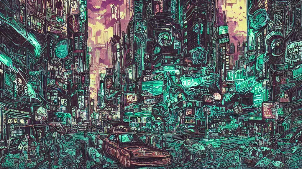 Image similar to cthulhu waiting to cross the busy road of a cyberpunk city by dan mumford