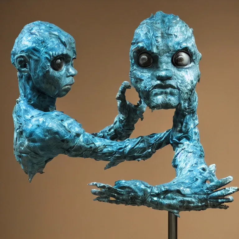 Prompt: hyperrealistic sculpture of a distressed bronze ancient fossilized chibi ultraman kaiju dusted with opalescent blue spraypaint and ferns in a nylon grid cage on a pedestal by ron mueck and duane hanson and lee bontecou, hyperrealistic dramatic colored lighting trending on artstation 8 k