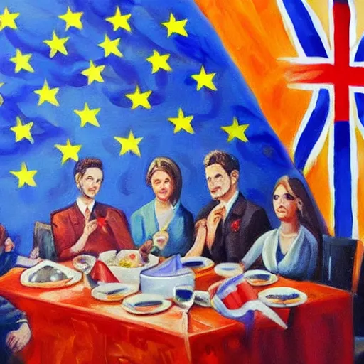 Prompt: beautiful painting of people sitting around a dinner table with the european flag draped over it