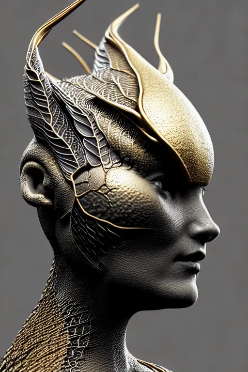 Image similar to bw close - up profile face, black background, beautiful young porcelain vegetal - dragon - cyborg - female, 1 5 0 mm, beautiful natural soft rim light, silver gold details, magnolia leaves and stems, roots, mandelbot fractal, elegant, ultra detailed, white metallic armour, octane render, h. r. giger style