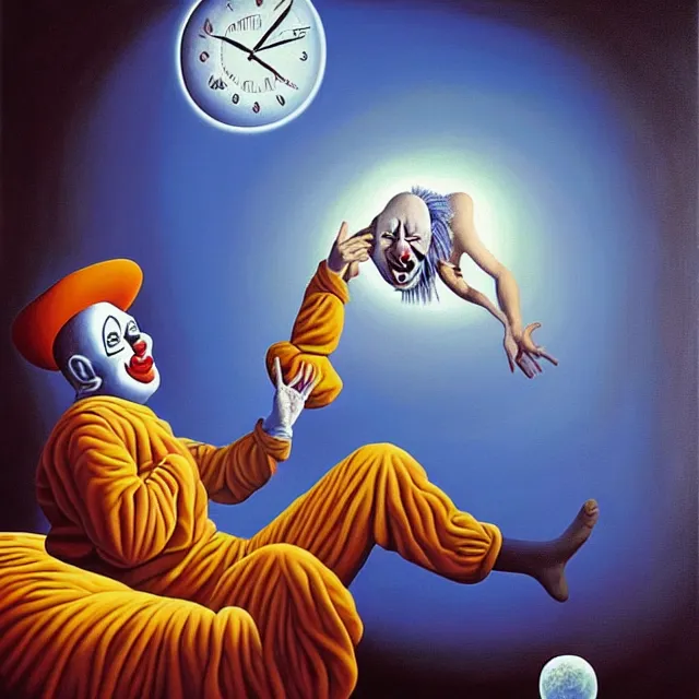 Image similar to an oil on canvas portrait painting of a clown waking up to start a new day, surrealism, surrealist, cosmic horror, rob gonsalves, high detail