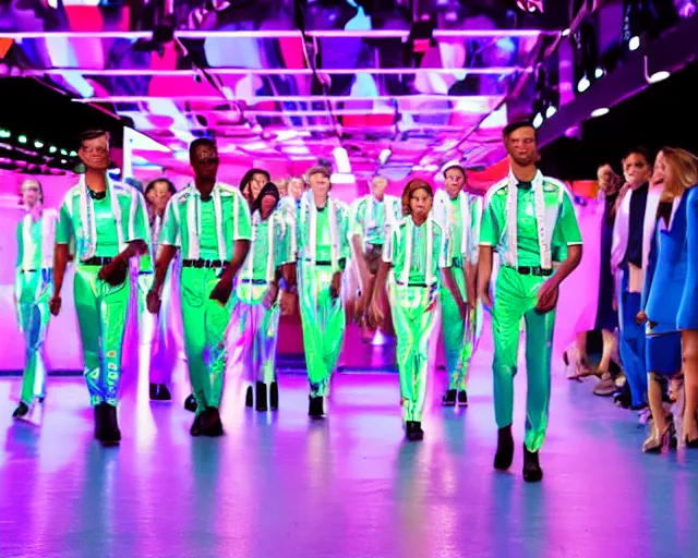 Image similar to SS officers in disco themed uniforms walking on the catwalk of a Hugo Boss fashion show, promotional pictures, 8k, coloured