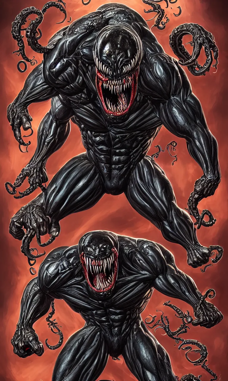 Image similar to hyper realistyc anatomically acurate full body long shot of bodybuilder venom from marvel comics!!!!, large mouth with teeth, lovecraftian horror, fantasy, intricate, elegant, highly detailed, digital painting, artstation, concept art, matte, sharp focus, illustration, art by glenn fabry