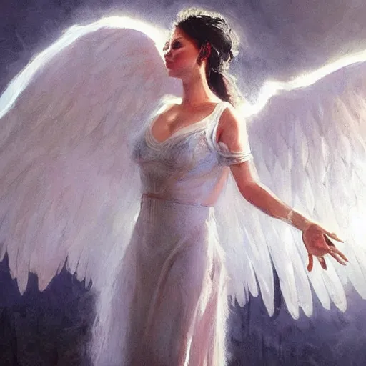 Image similar to Painting by Greg Rutkowski, an opera singer in a white dress with wings on stage