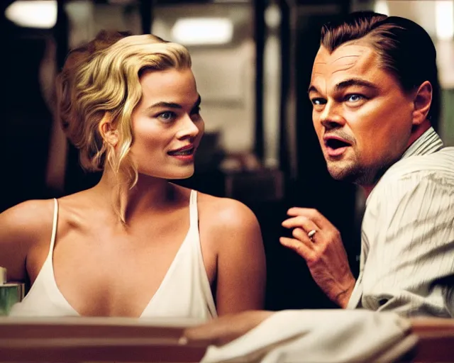 Image similar to leonardo dicaprio as the wolf of wall street next to margot robbie as naomi from the wolf of wall street, cinematic, long shot, hyper detailed, hyper realistic faces, 8 5 mm photograph, 8 k resolution, film still, sharp lens, wide lens