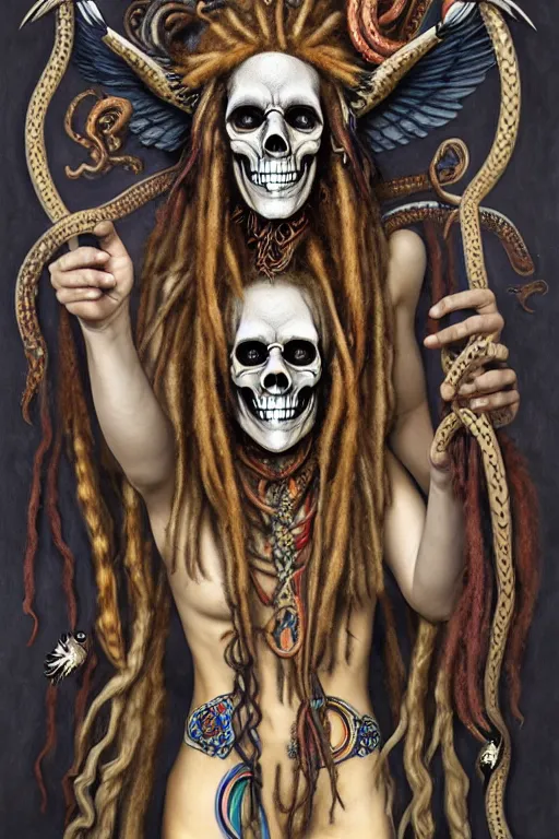 Image similar to evil angels that look like hippies with dreadlocks dancing with snakes, fantasy, face with skull mask, long hair, intricate, elegant, highly detailed, digital painting, artstation, concept art, smooth, sharp focus, illustration, art by aleister crowley and jung