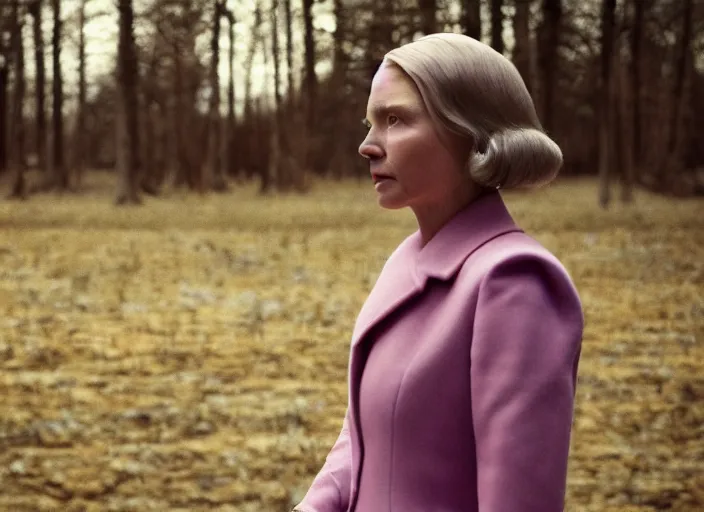 Image similar to cinematic mid shot of a high detail, refined woman's face looking off camera. fine facial features. she stands in an empty, pastel colourful 3 d, forrest scene, shallow depth of field, multiple copies of the woman, by jeffrey smart and gregory crewdson and edward hopper, inspired by the grand budapest hotel