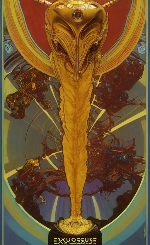 Image similar to exquisite imaginative alien creature poster art, gold, movie art, by lucusfilm, weta studio, alphonso mucha, james jean, frank frazetta, 8 k, denoised