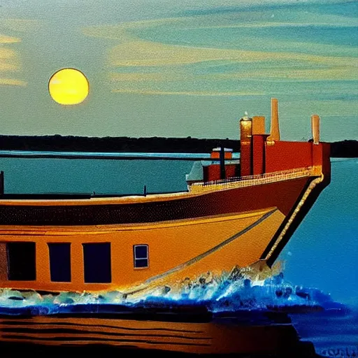 Prompt: artdeco river boat in the deep south, evening sun, intense lighting, hyper realistic,