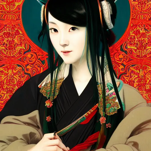 Prompt: a beautiful portrait of hatsune miku with long black and deep red colored hair dressed as a 1 6 th century chinese noblewoman, intricate, elegant, highly detailed, digital painting, artstation, concept art, matte, sharp focus, illustration, art by greg rutkowski and alphonse mucha