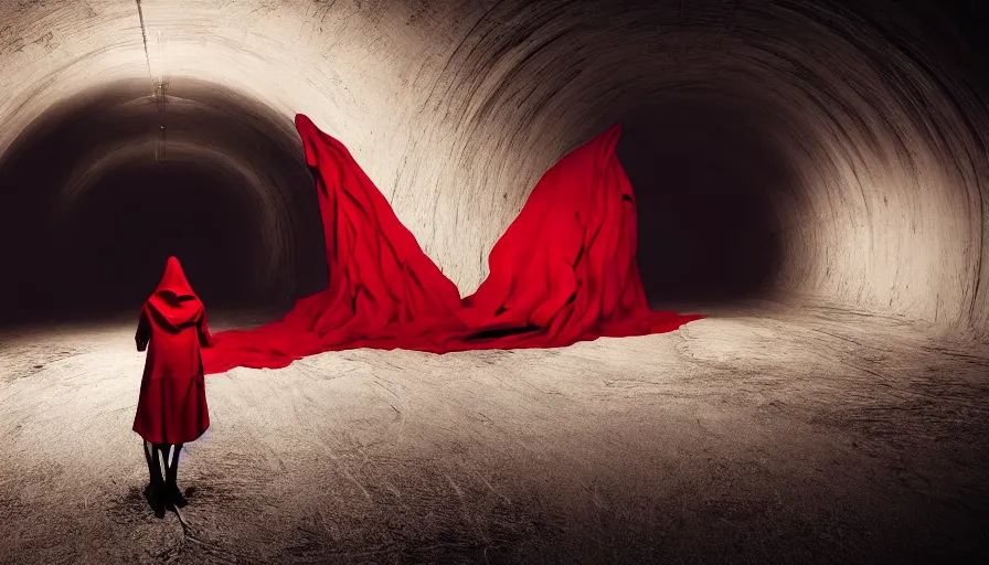 Image similar to a figure covered by red cloth that's blowing in the wind standing in a creepy tunnel with atmospheric light, digital art, concept art, cloth simulation with houdini, octane, redshift, 8 k