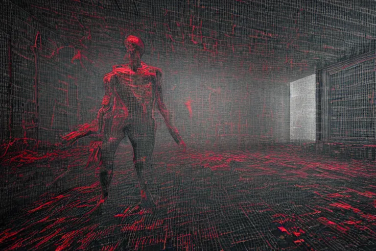 Prompt: cctv footage of an extremely dark empty room, evil horror cryptid monster chasing towards camera, made out of static, dark deep black shadows, crimson red and black color contrast in the style of trevor henderson and james ensor goya, liminal space, 3 d render, glitch effect