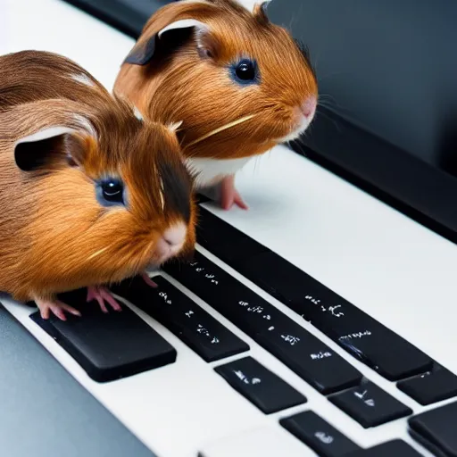 Prompt: photo of cute guinea pigs standing on a computer keyboard, stock art, trending on artstation, detailed, studio lighting