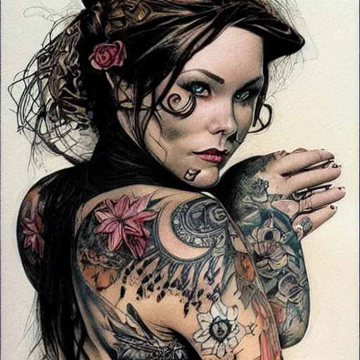 Image similar to a beautiful portrait of a heavily tattooed victorian woman Travis Charest style