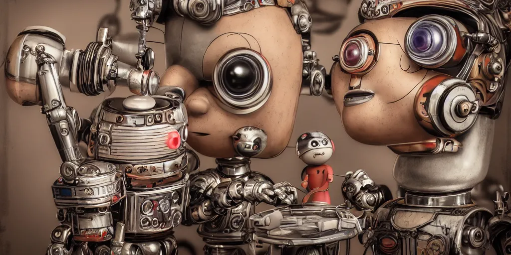 Prompt: closeup portrait of tin toy retro robot artist drawing sketches in a workshop, depth of field, zeiss lens, detailed, centered, fashion photoshoot, by nicoletta ceccoli, mark ryden, lostfish, breathtaking, 8 k resolution, extremely detailed, beautiful, establishing shot, artistic, hyperrealistic, octane render