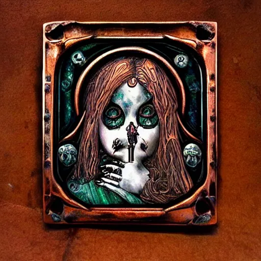 Image similar to steam _ girl _ memento _ mori _ gothic _ neo _ - _ gothic _ art _ nouveau _ hyperdetailed _ copper _ patina _ medieval _ icon _ philippe