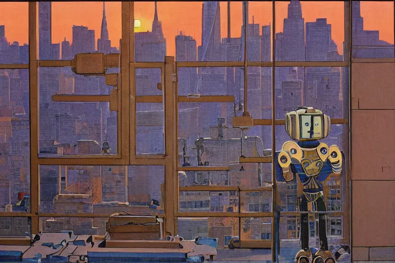 Prompt: painting of a robot, in a rooftop, watching new york, beautiful, sunset, romantic, by ludwig deutsch and maxfield parrish, patterned tilework, extremely detailed, cinematic lighting, smooth sharp focus