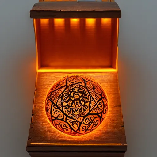 Image similar to a small arabesque carved wooden box with the lid is open displaying a magic orange glowing orb inside. tendrils of light emitting from the orb, the box is sitting an scarred wooden tabel top cluttered paper and magazines, hyper detail, dramatic lighting, vignette, god rays, lens flare, art by samma van klaarbergen