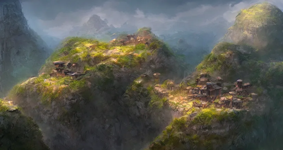 Image similar to natural beauty village on a mountain slope, realistic concept art, eytan zana, one pixel brush, complementary color scheme, cinematic moody lighting, concept art, trending on artstation