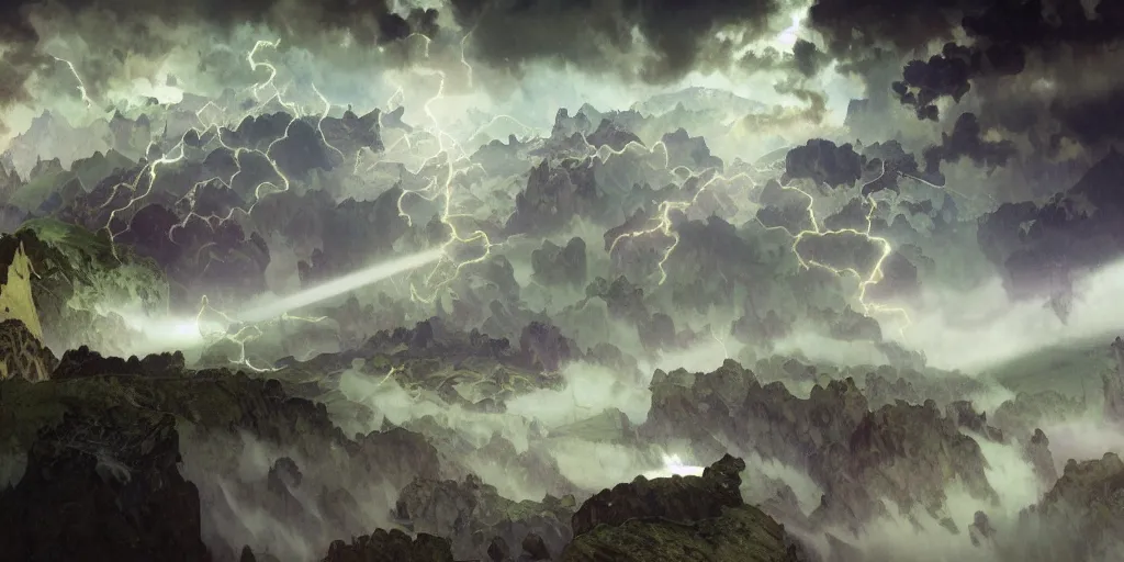 Image similar to photorealistic epic landscape with swirls of mist by alphonse mucha. ominous clouds, intense light beams, strange levitating stones, stones falling from the sky, delicate swirls of mist by alphonse mucha. occult photorealism, uhd, amazing depth, glowing, volumetric lighting, cinematic lighting.