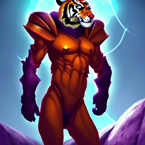 Image similar to exophilia, handsome, tiger alien race, arcana, godlike, harmony artstation