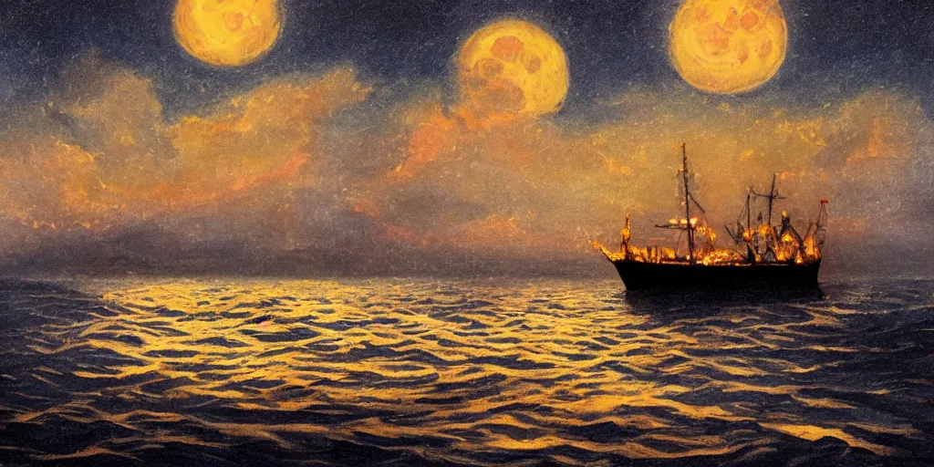 Prompt: an expensive matte paitning of a burning ship at night in the middle of ocean, clear sky, full moonlight