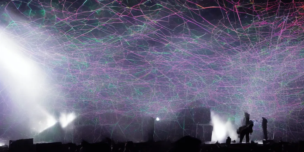 Image similar to Thom Yorke singer songwriter, Radiohead group of people on stage playing instruments, elaborate stage effects, dust, smoke, giant LED screens, colored projections, ultrafine detail, glowing thin wires, smoke, high contrast, projections, a screenshot by David Gilmour Blythe, holography, tesseract, volumetric lighting, anamorphic lens flare