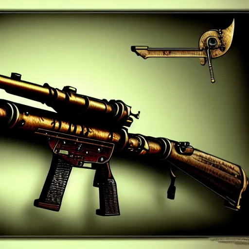 Prompt: rifle in the style of zdzisław beksinski, steampunk, science fiction, weapon schematic
